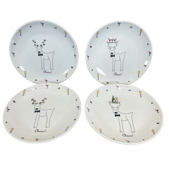 Set of 4 BIA Cordon Bleu Reindeer "Cheers" Round Appetizer/Dessert Plates 6.5 in - Picture 1 of 5
